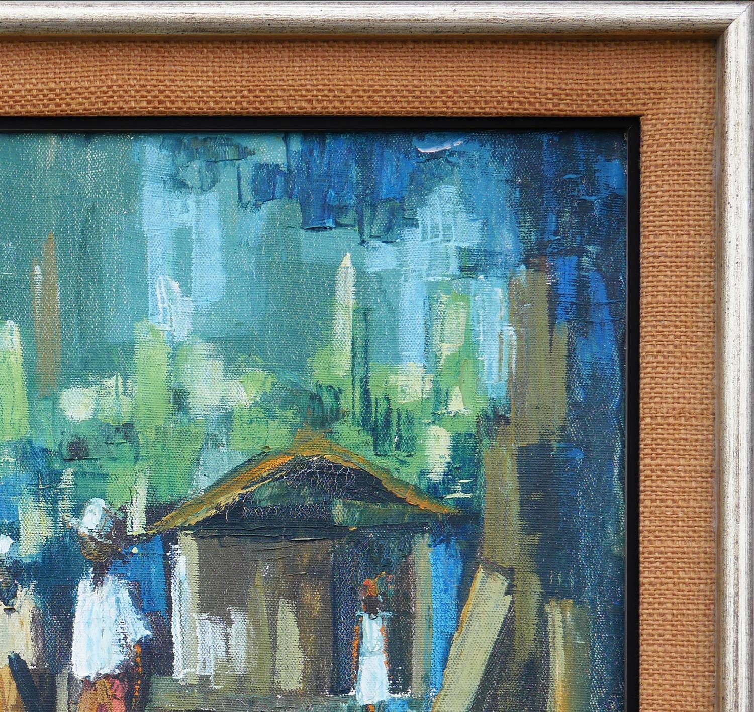 Paysage de village abstrait aux tons bleu et vert de l'artiste haïtien Franklin M. Joseph. L'œuvre présente des personnages au rendu lâche qui vaquent à leurs occupations quotidiennes. Signé à l'avant dans le coin inférieur gauche. Actuellement