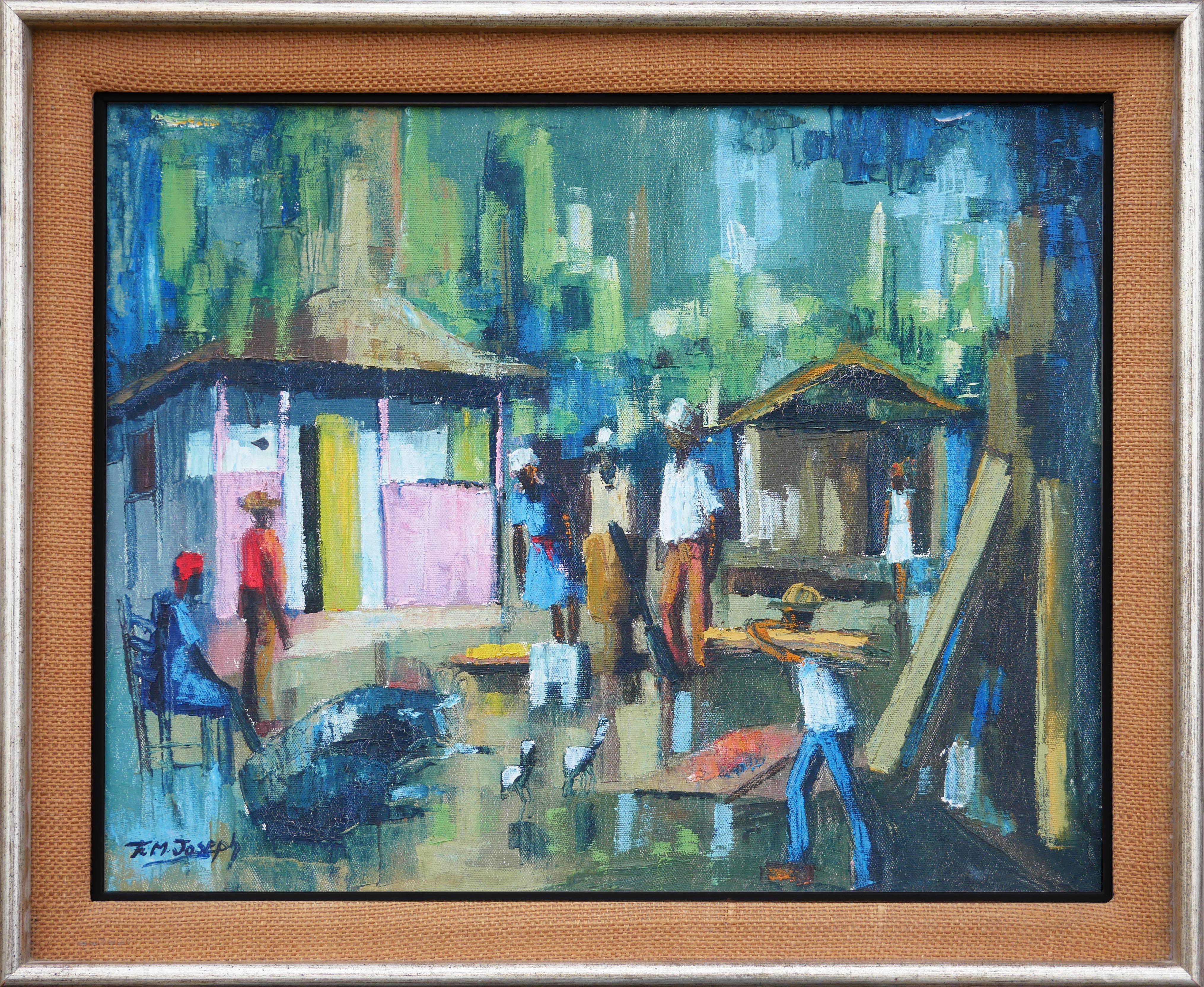 Abstract Painting Franklin M. Joseph - Scène de paysage de village abstrait bleu et vert d'inspiration post-impressionniste
