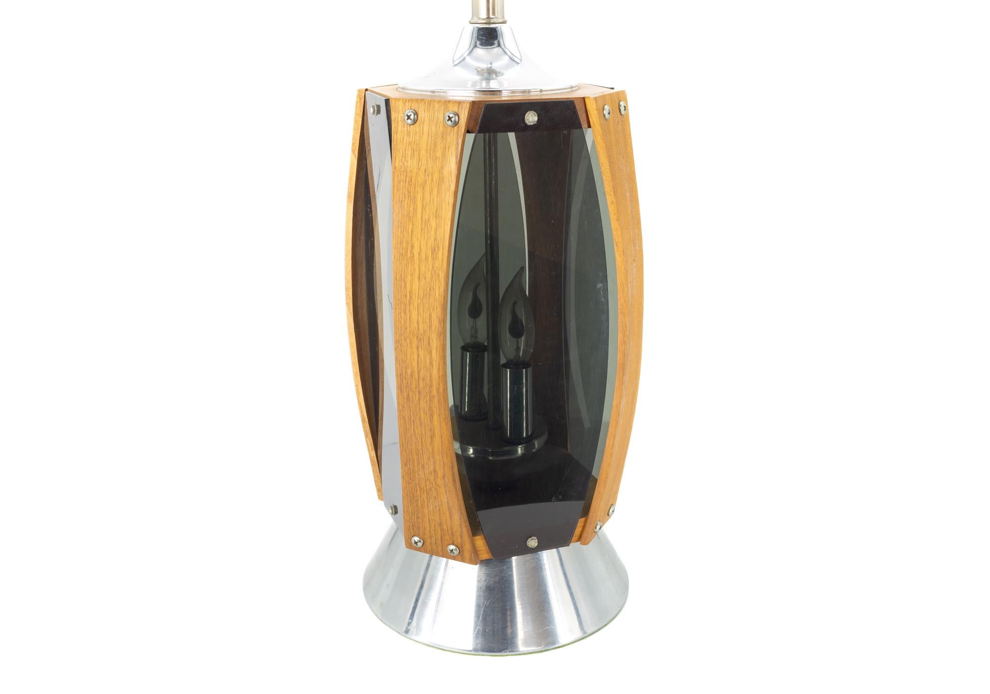 Franklin Mid Century 3 Light Wood and Chrome Lantern Style Table Lamp For Sale 3