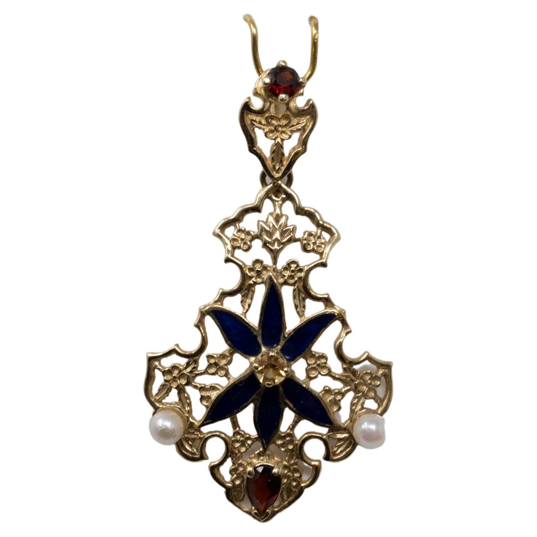 Franklin Mint 14k Gold Enamel Pearls Garnet Pendant For Sale
