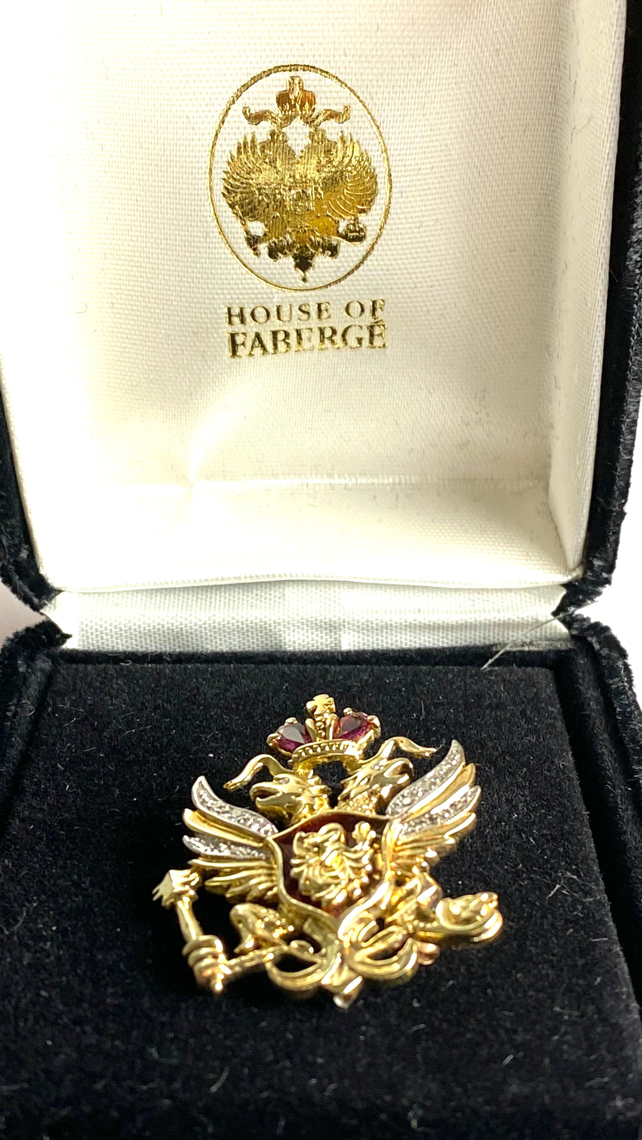 Franklin Mint Fabergé 14K Gold Russian Coat of Arms Brooch Ruby Diamond Enamel In Good Condition In New York, NY