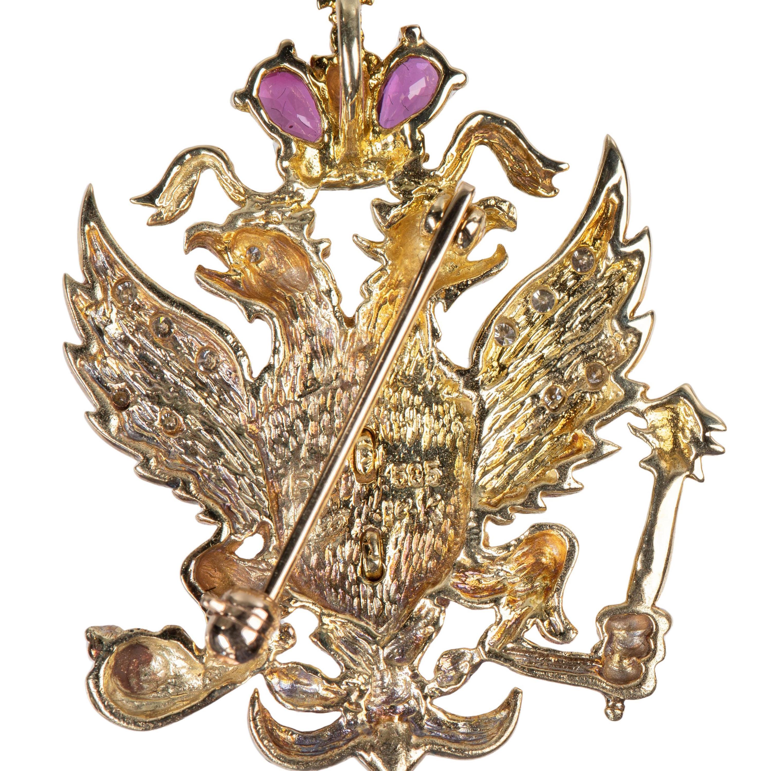Women's or Men's Franklin Mint Fabergé 14K Gold Russian Coat of Arms Brooch Ruby Diamond Enamel