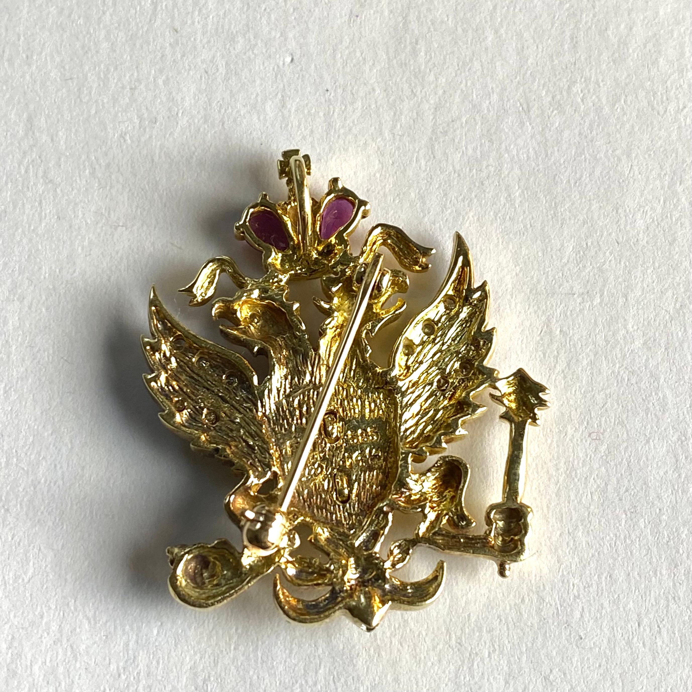 Franklin Mint Fabergé 14K Gold Russian Coat of Arms Brooch Ruby Diamond Enamel 1