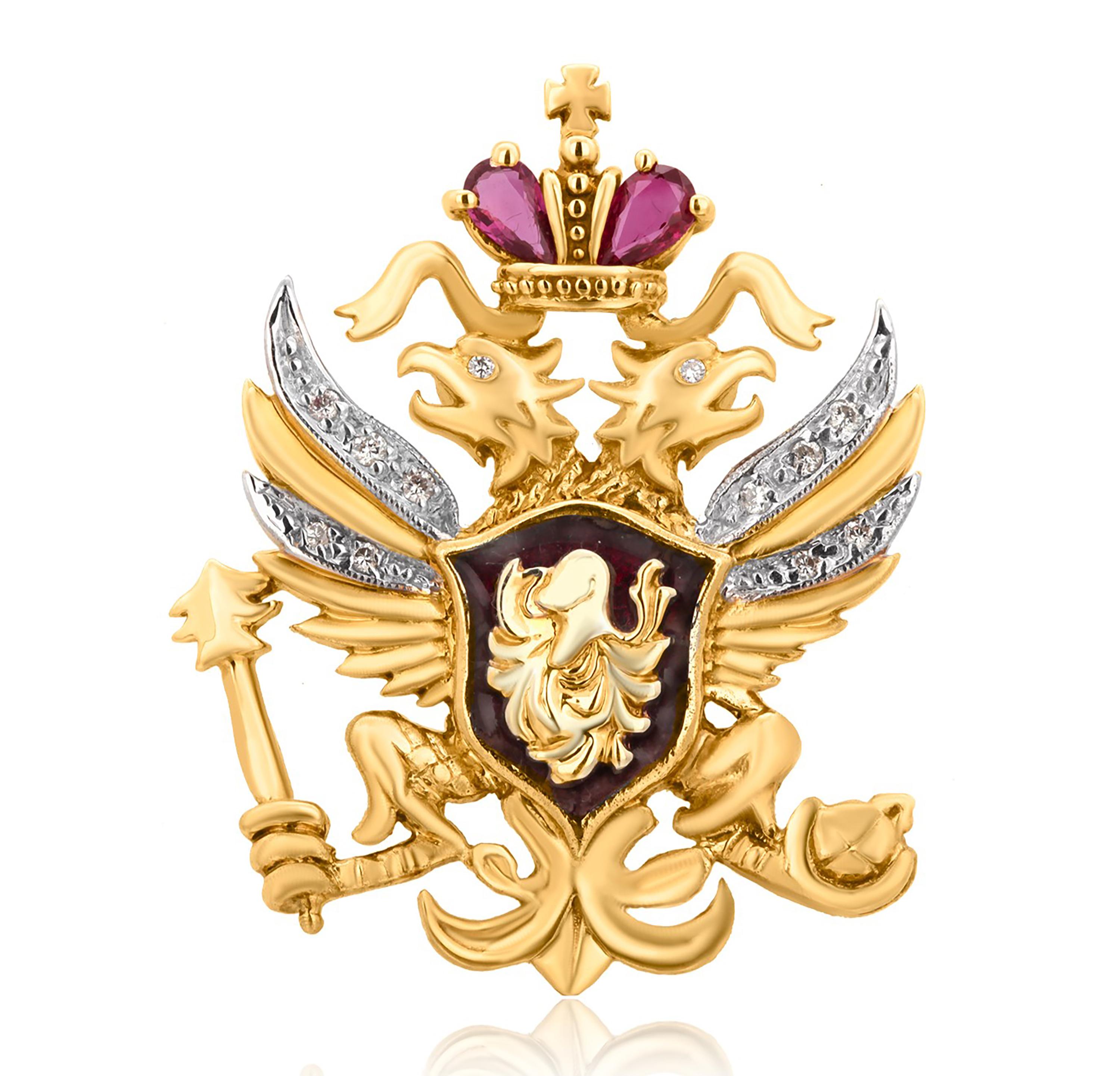 Franklin Mint Fabergé 14K Gold Russian Coat of Arms Brooch Ruby Diamond Enamel 2