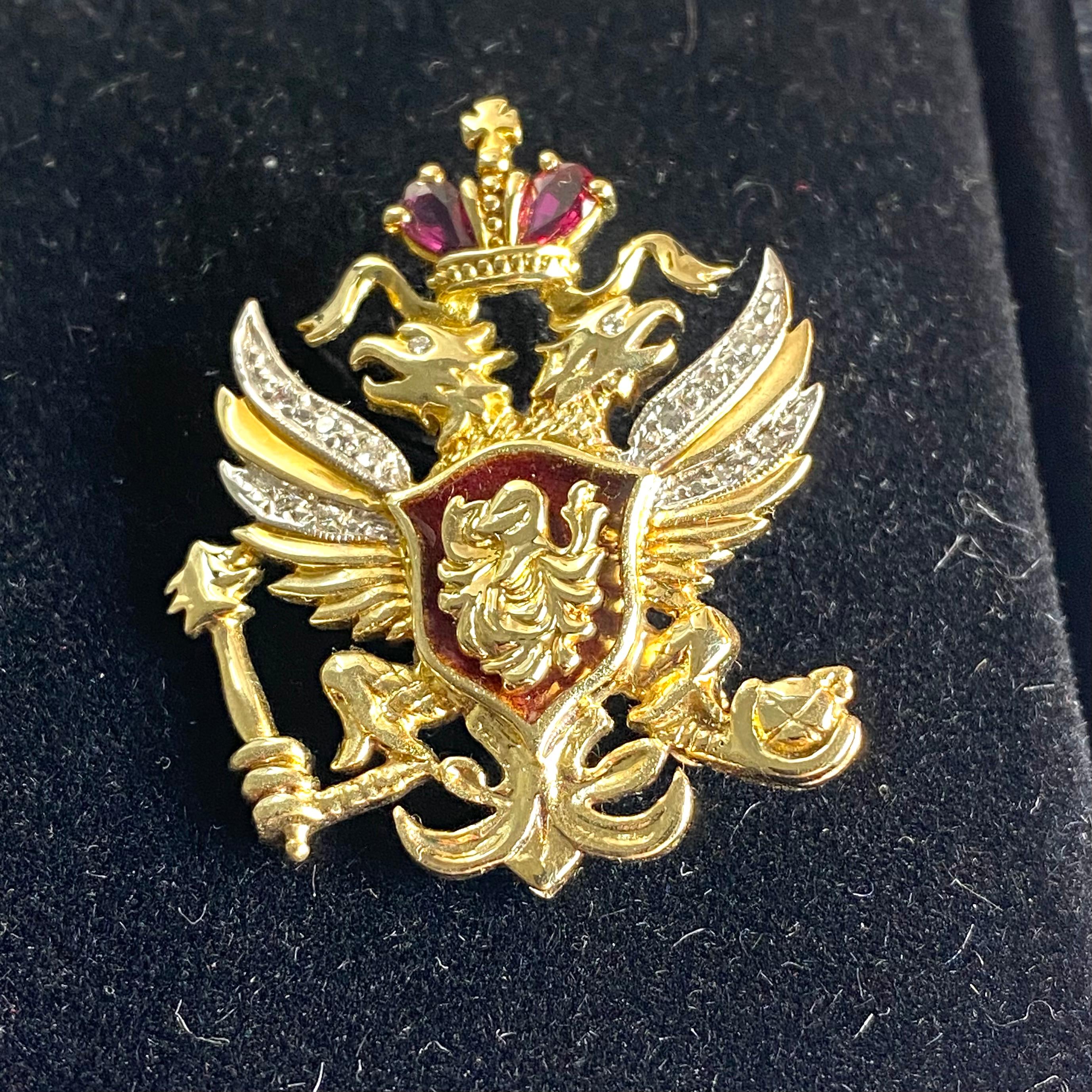 Franklin Mint Fabergé 14K Gold Russian Coat of Arms Brooch Ruby Diamond Enamel 3