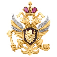 Franklin Mint Fabergé 14K Gold Russian Coat of Arms Brooch Ruby Diamond Enamel