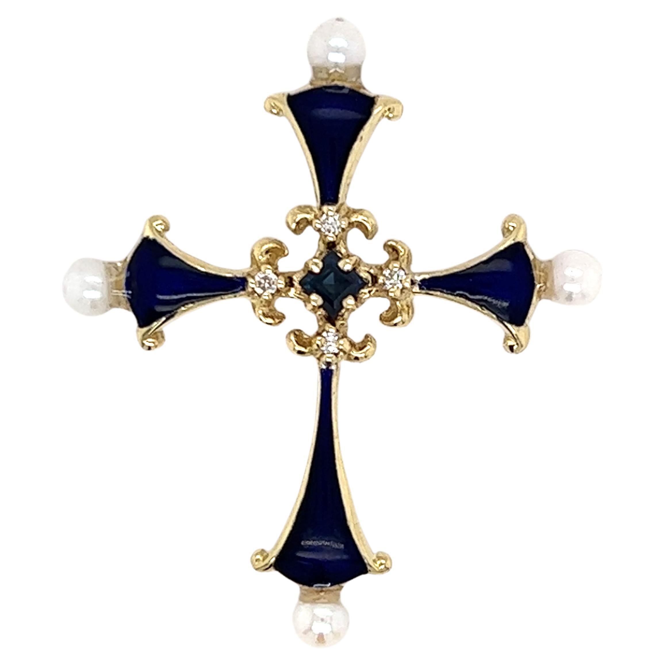 Franklin Mint Igor Carl Faberge 14k Pearl Sapphire Diamond Cross Pendant