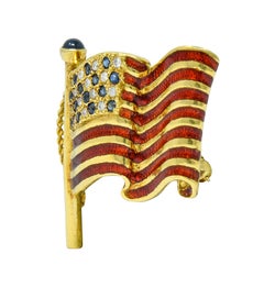 Franklin Mint Sapphire Diamond Enamel 18 Karat Gold American Unisex Flag Brooch