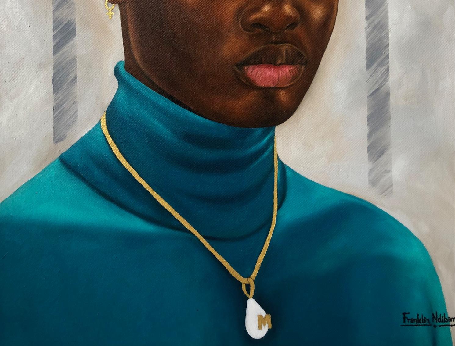 Anya- 21st Century, Contemporary, Figurative Portrait, Women, Jewelry, Art Deco - Black Portrait Painting by Franklin Ndibam
