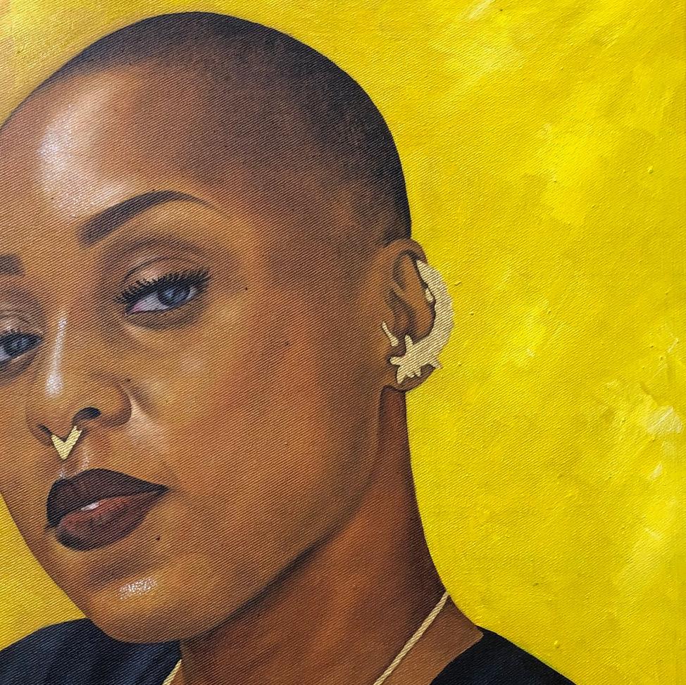 I Am Not My Hair 1 - 21e siècle, Contemporain, Portrait figuratif, Femmes - Jaune Portrait Painting par Franklin Ndibam