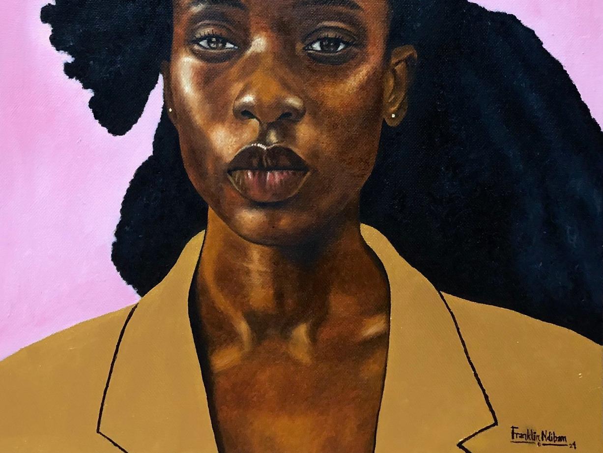 Io non sono i miei capelli 2 - 21° secolo, Contemporaneo, Ritratto figurativo, Donne - Portrait Painting Nero di Franklin Ndibam
