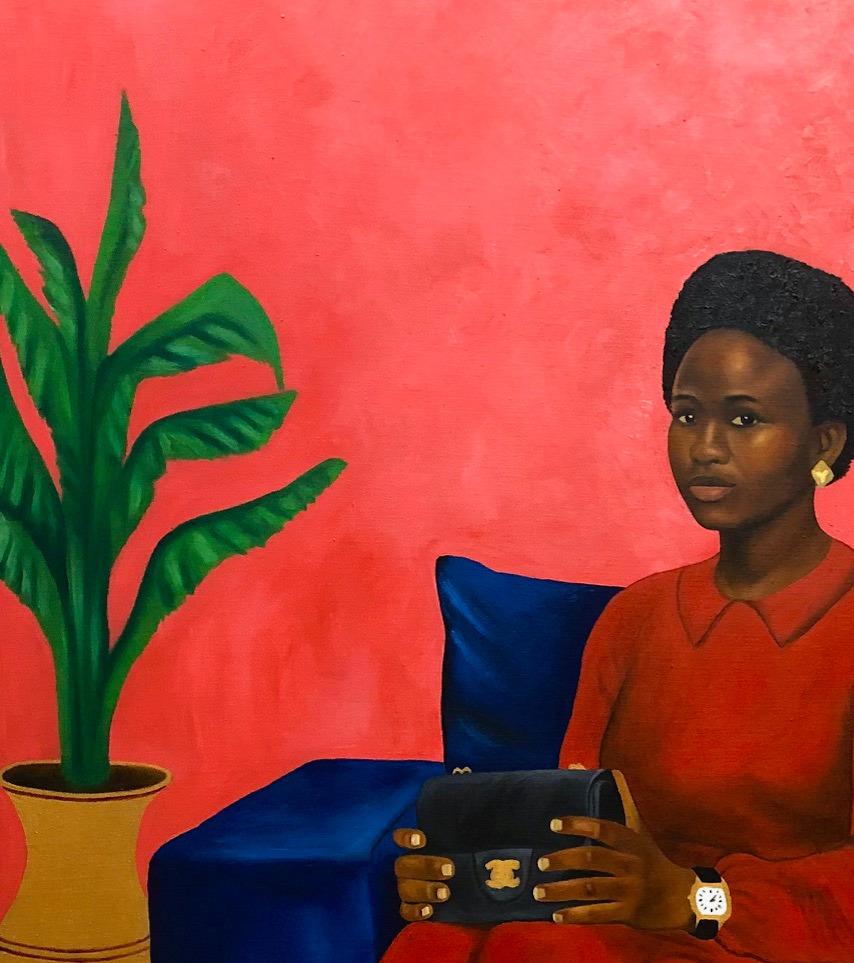 Nchere (The Wait) - 21. Jahrhundert, Zeitgenössisch, Figurativ, Frauen, Liebe, Rot – Painting von Franklin Ndibam