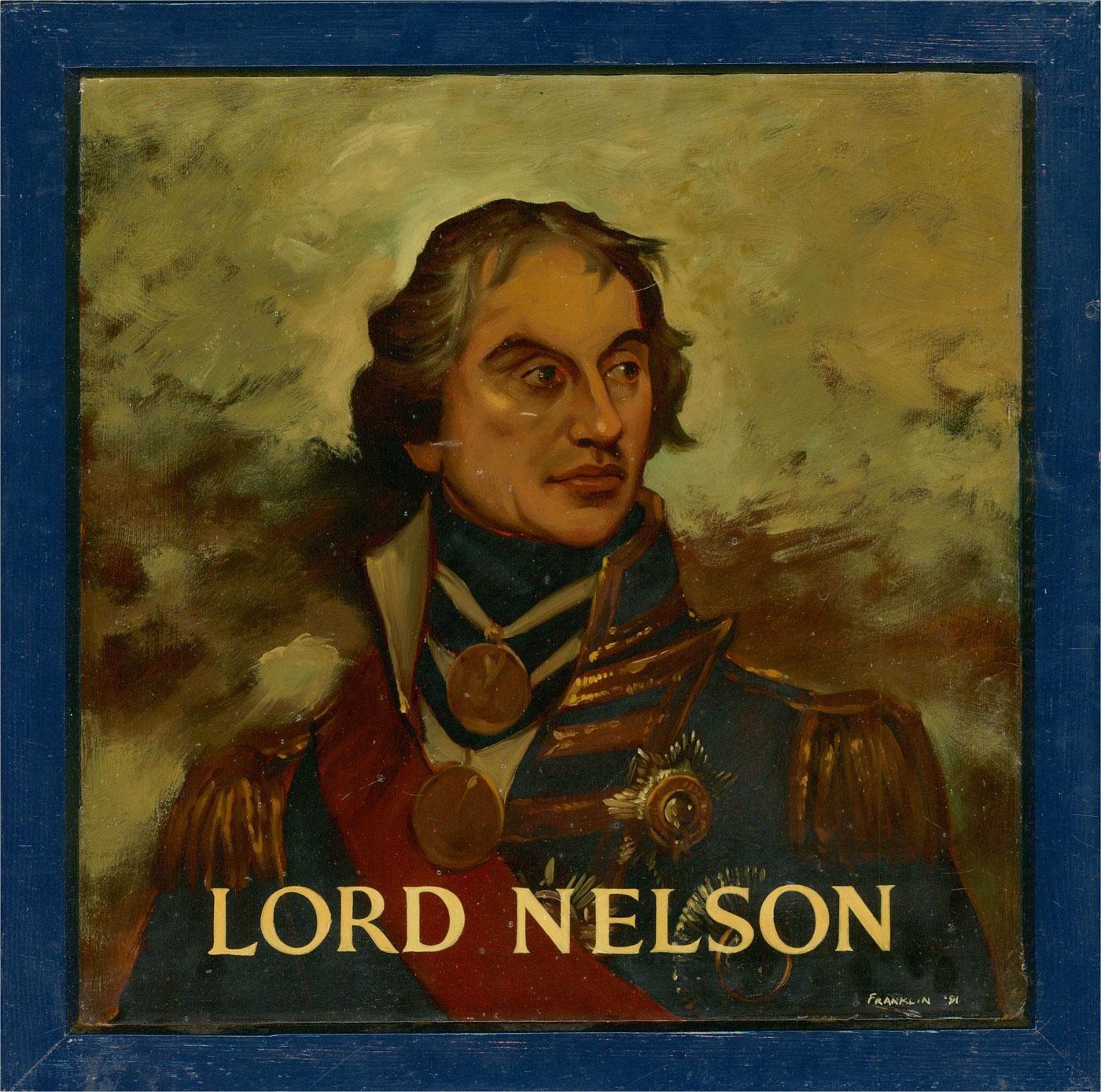 A striking and accomplished oil portrait of Lord Nelson. The artist has captured the imposing and battle hardened face of the great commander in great detail and character. The painting has been emblazoned with Nelson's name across the bottom and