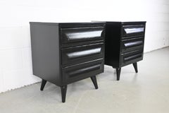 Franklin Shockey Mid-Century Modern Black Lacquered Sculpted Pine Nightstands