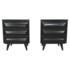 Franklin Shockey Mid-Century Modern Black Lacquered Sculpted Pine Nightstands
