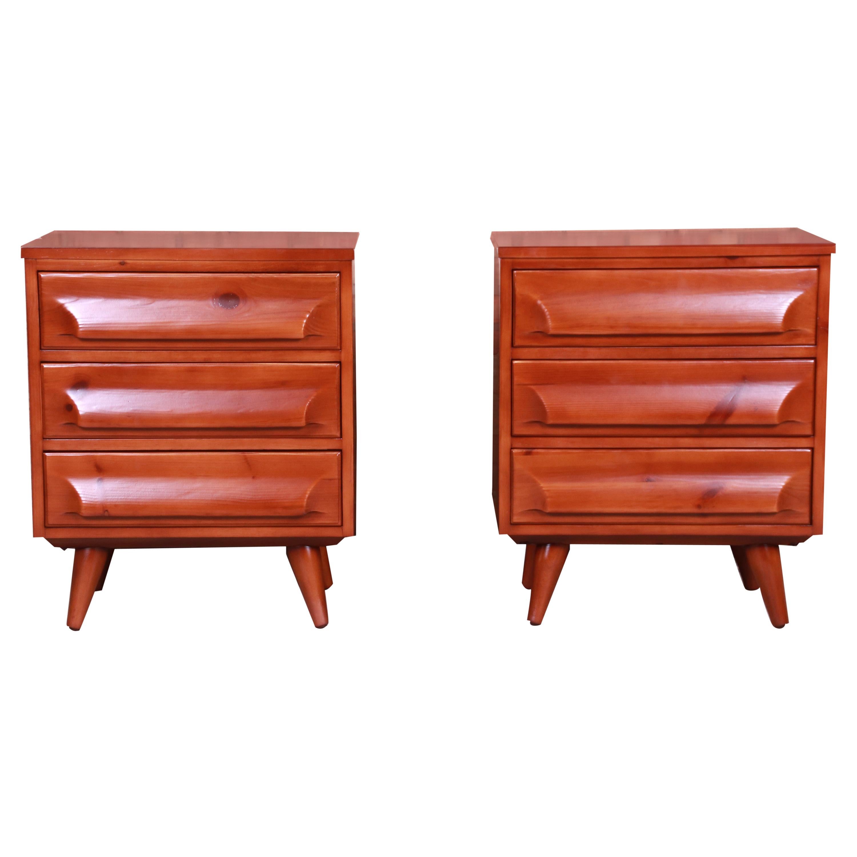 Franklin Shockey Mid-Century Modern Sculpted Pine Bedside Chests, Refinished