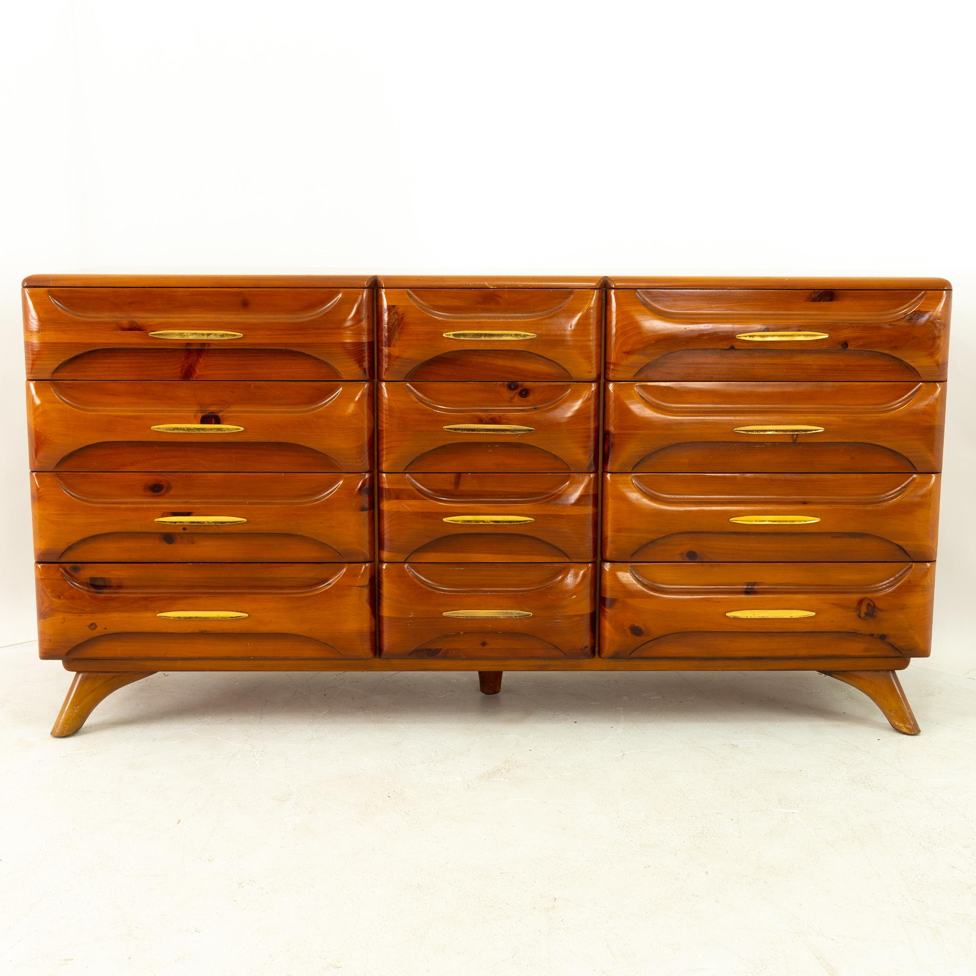 Franklin Shockey midcentury pine 12 drawer lowboy dresser
Measures: 60 wide x 19.5 deep x 31.5 inches high

This price includes getting this piece in what we call restored vintage condition. That means the piece is permanently fixed upon purchase