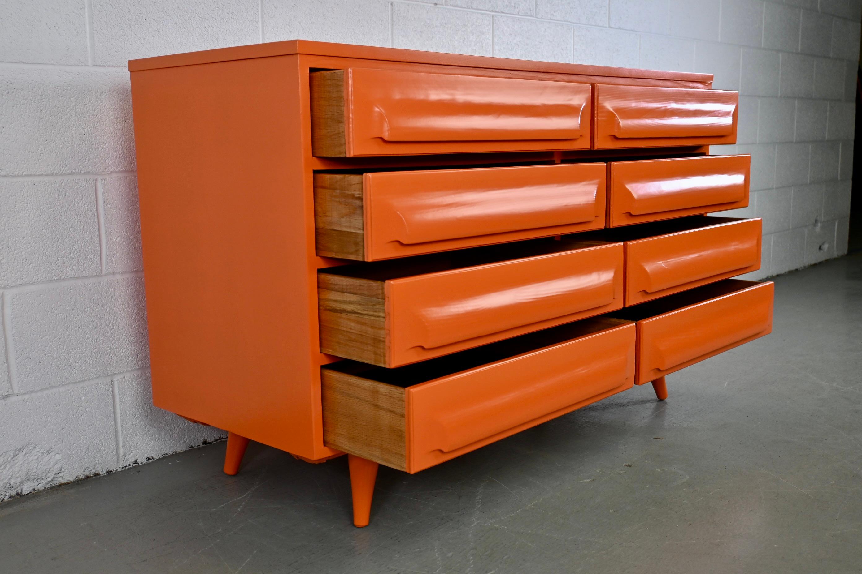Franklin Shockey Sculpted Pine Mid-Century Modern Dresser in Bitcoin Orange 1