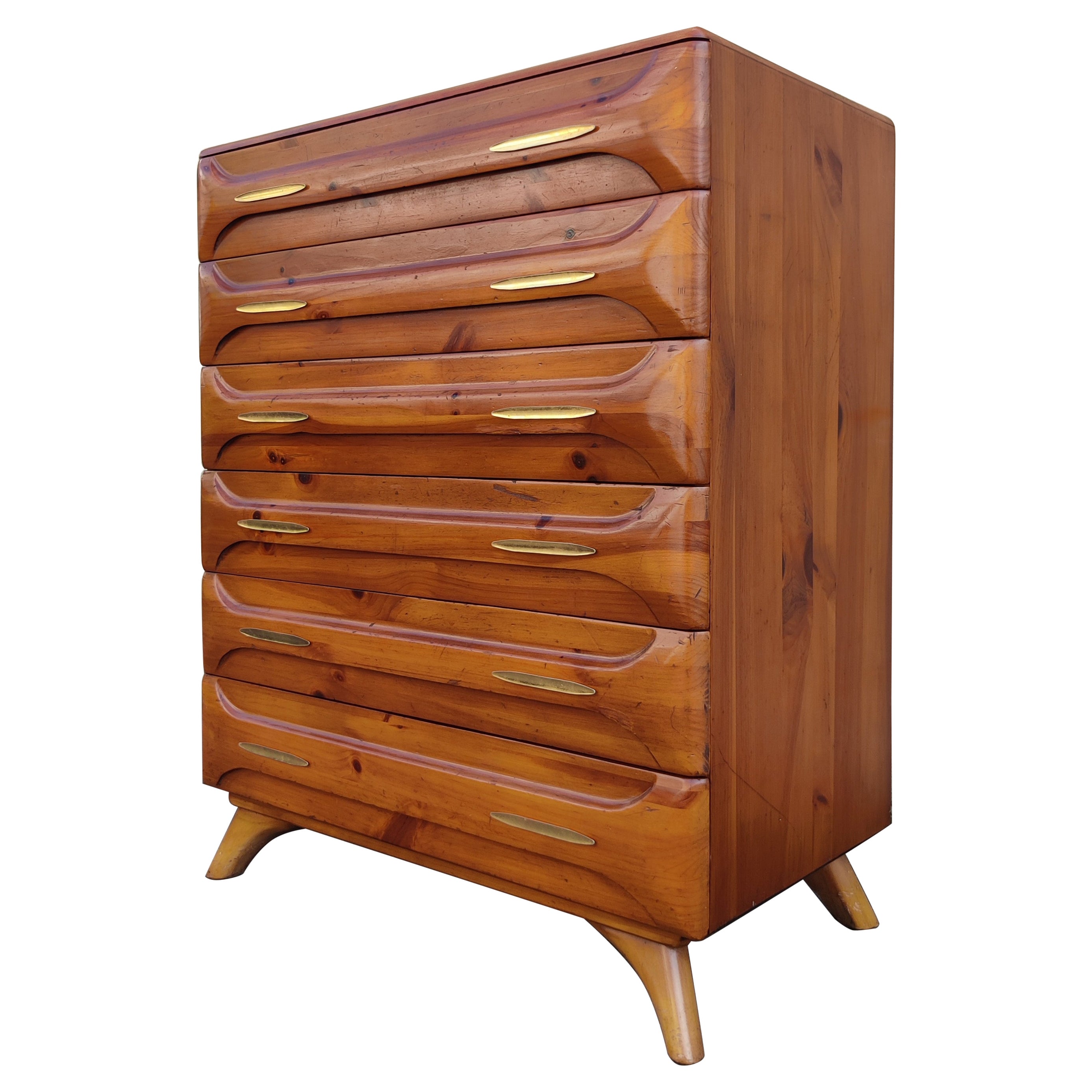 Commode haute Franklin en pin sculpté à 6 tiroirs, mi-siècle moderne, années 1970 en vente
