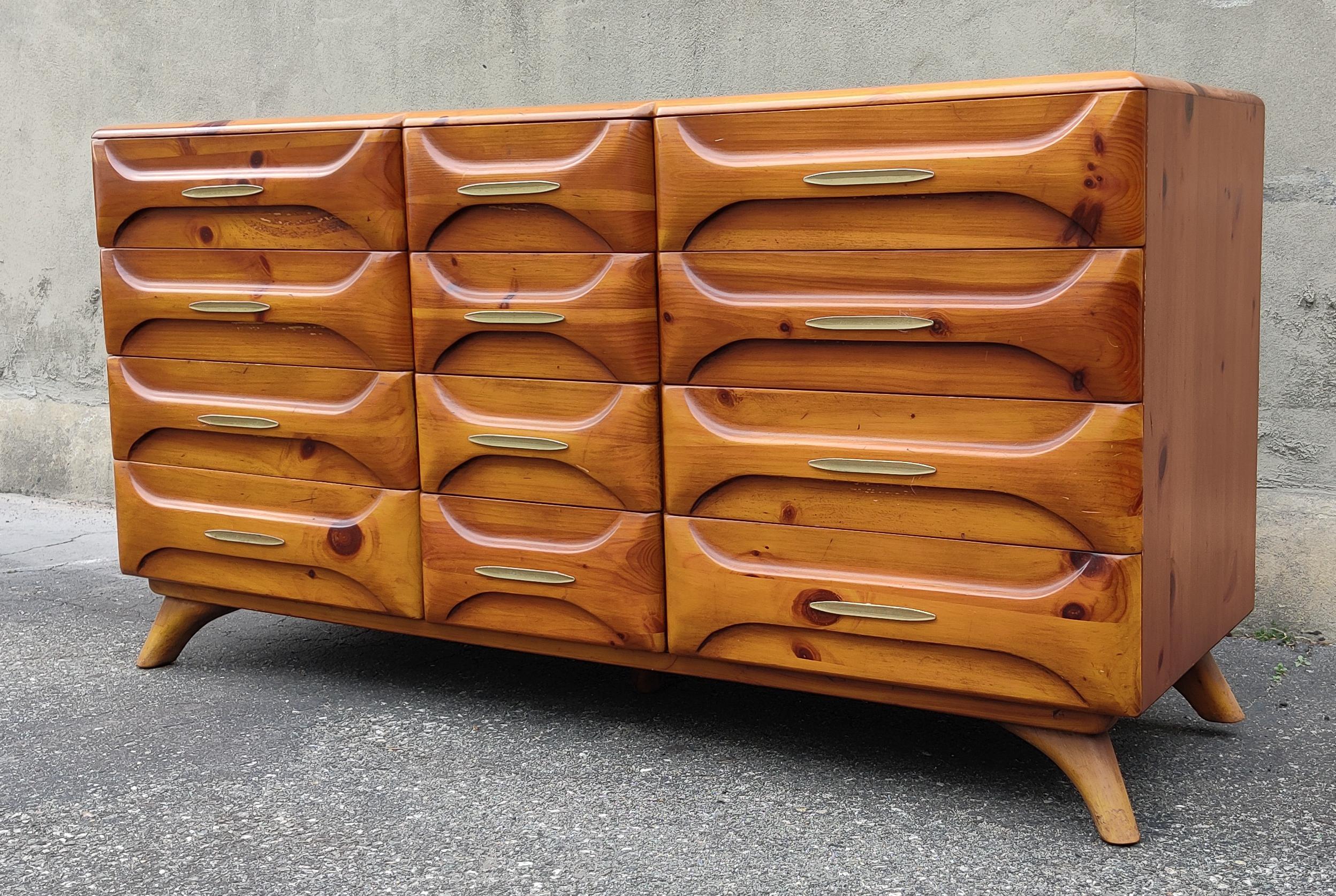 Mid-Century Modern Franklin Shockey Sculptured Pine 9 Drawer Dresser or Cabinet + Mirror 1970s MCM