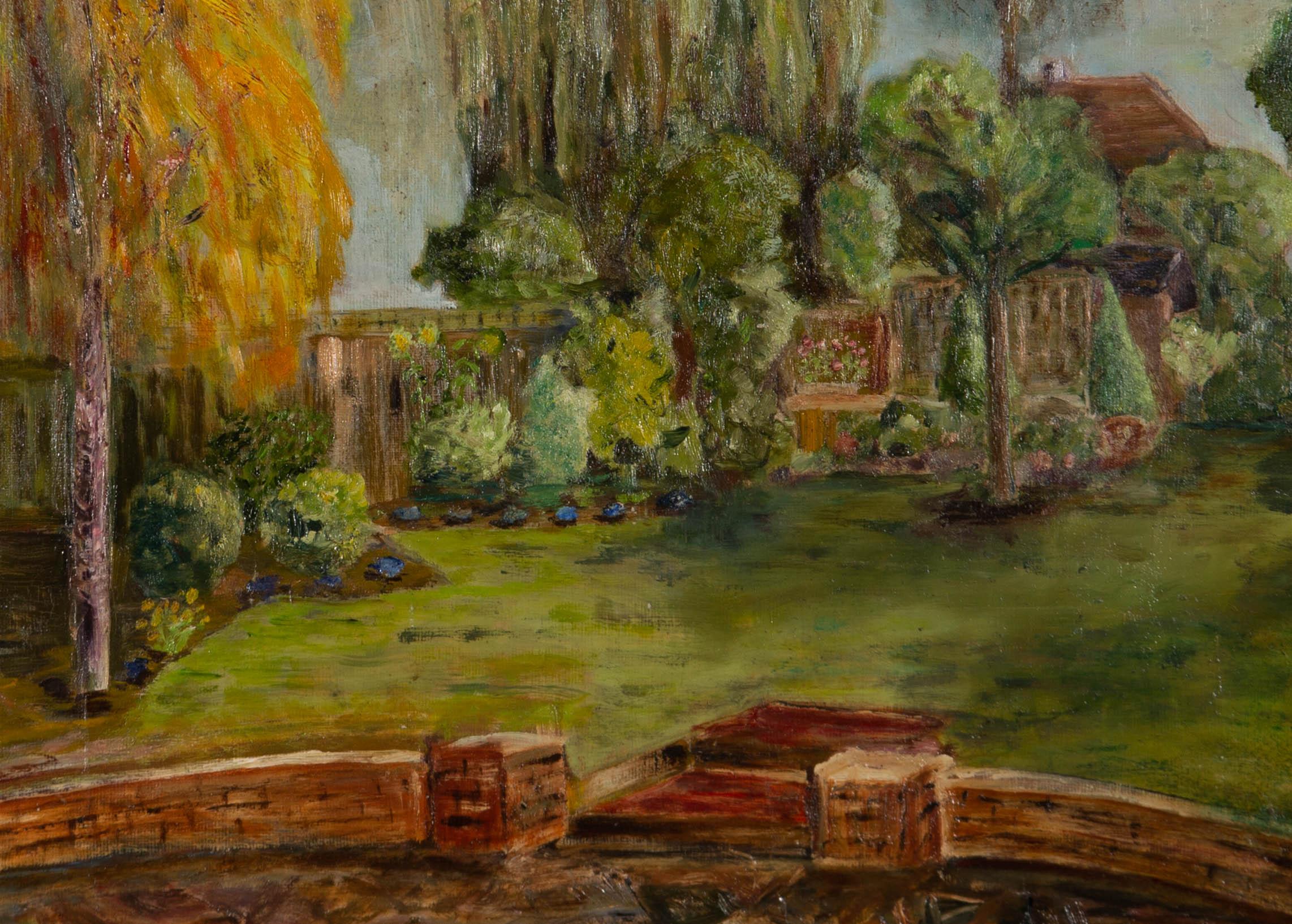 A garden scene depicting trees and flowerbeds with a walled patio in the foreground. Presented in an ornate gilt-effect wooden frame. Signature and artist's studio stamp to the verso. On canvas board.
