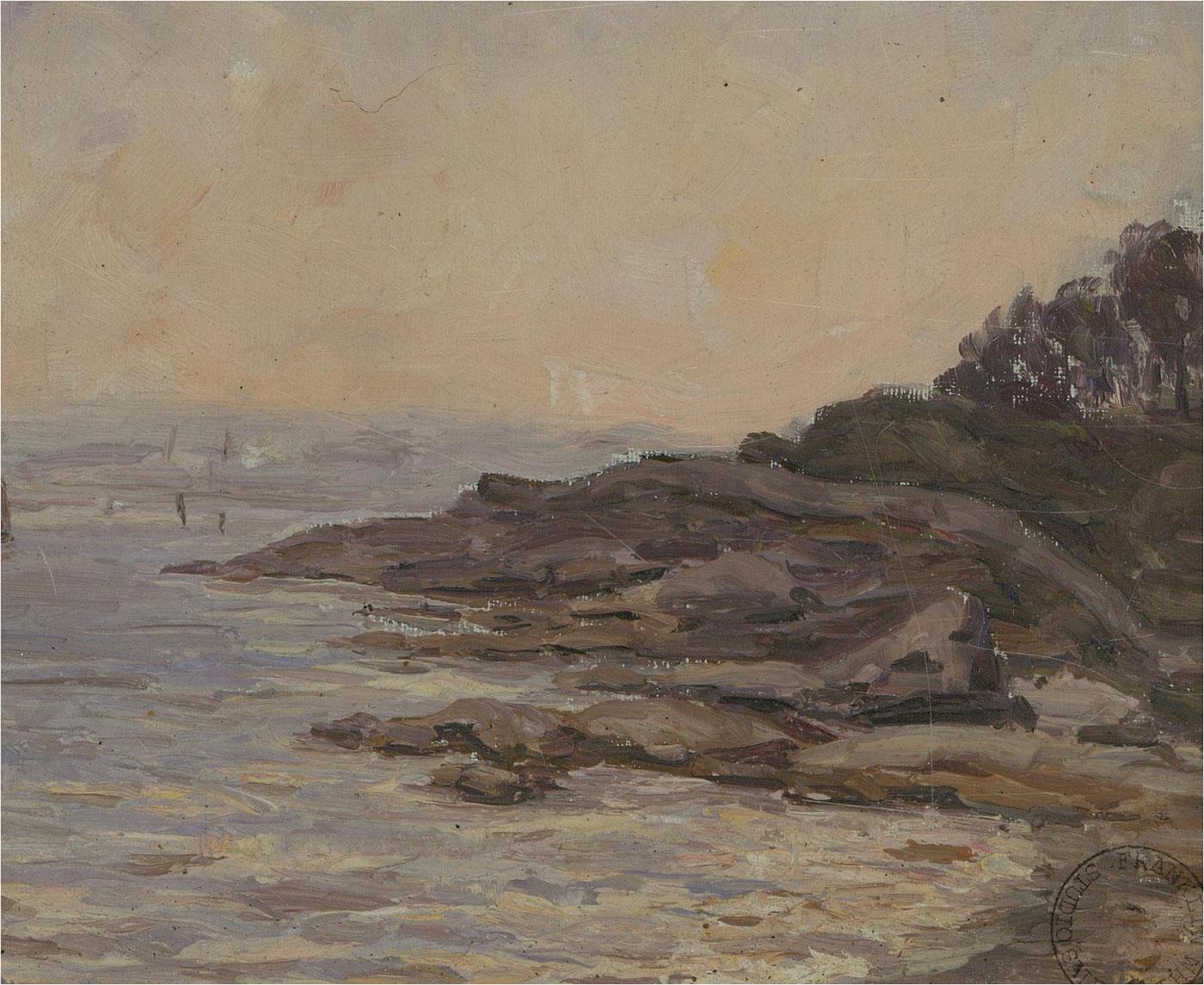 A fine oil showing a rocky coastline jutting out into the sea under a hazy, pastel sky. The painting is unsigned but has the official Franklin White studio sale stamp in the lower right corner. The painting is presented in a smart, gilt effect,
