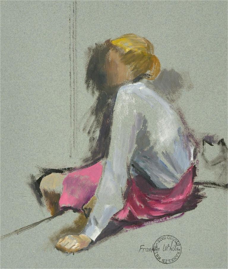 A bright oil study of a blonde woman in a pink skirt. The artist has signed to the lower right corner and the painting has the Franklin White studio sale stamp in the lower right corner. The painting has been presented in a brass effect frame with a