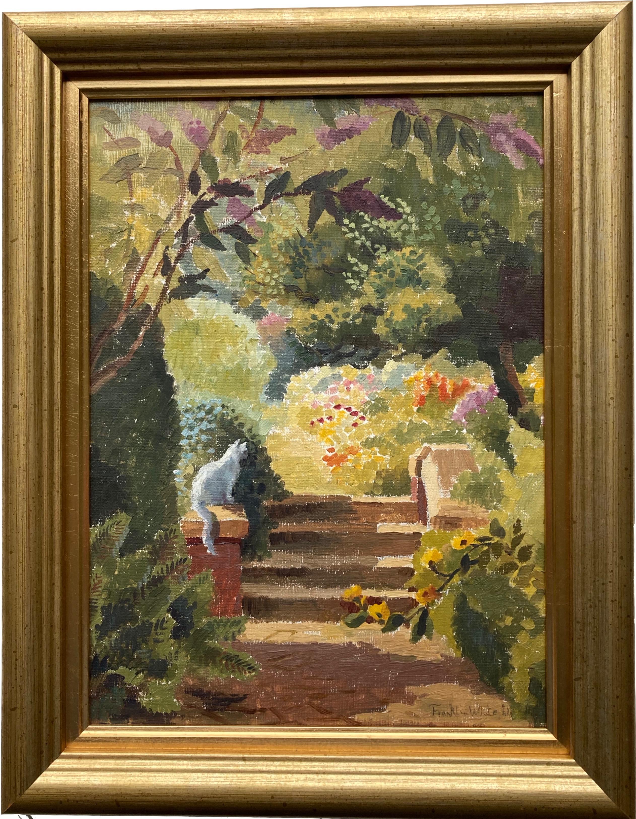 Franklin White, scène impressionniste britannique australienne d'un chat dans une cour
