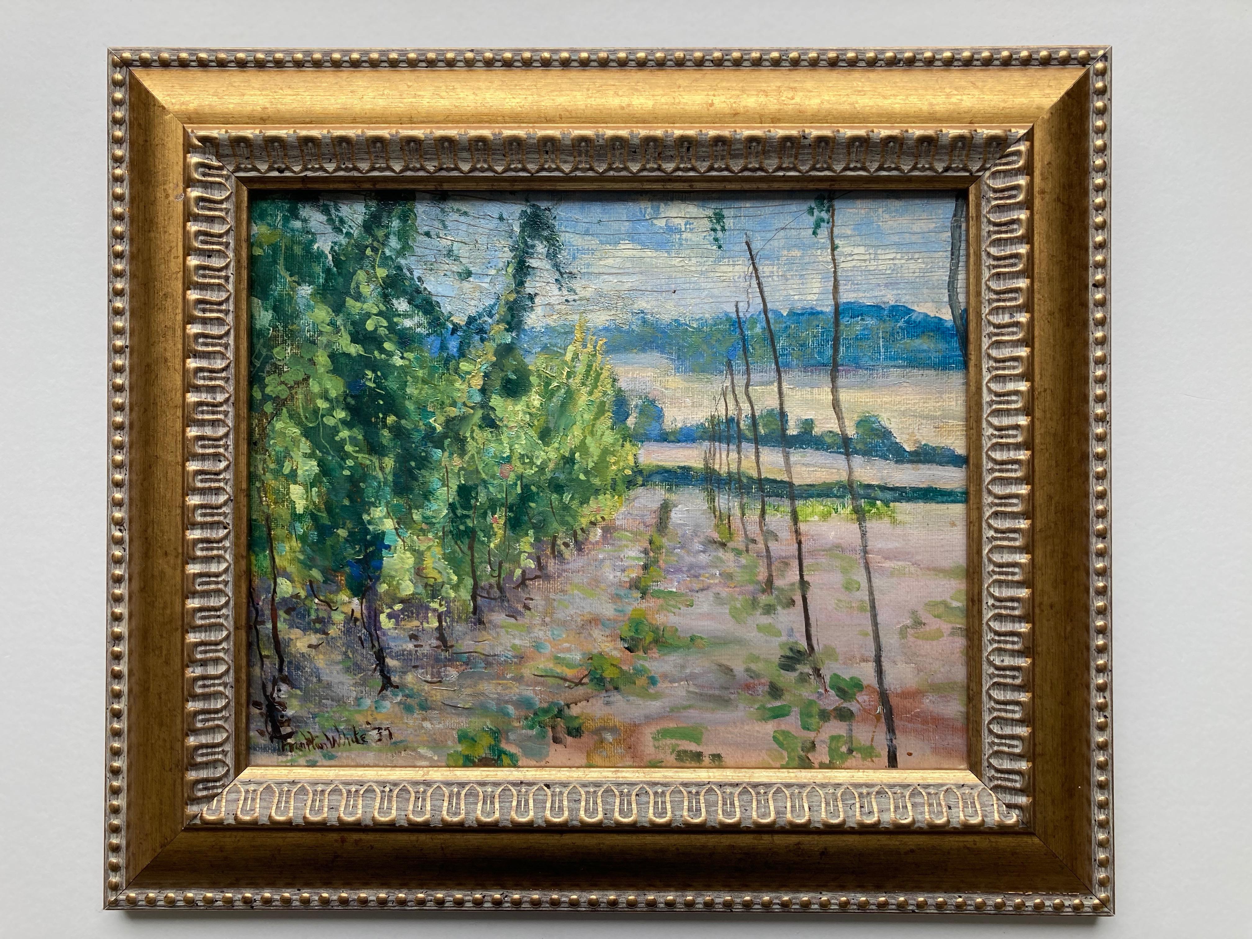 A wonderful image of hop vines in the Kentish countryside, Southern England.

Franklin White (1892-1975)
Hope vines with growing wires
Signed and dated (19)37
Oil on canvas laid on board
9 x 11 inches unframed
13½ x 15½ inches with the