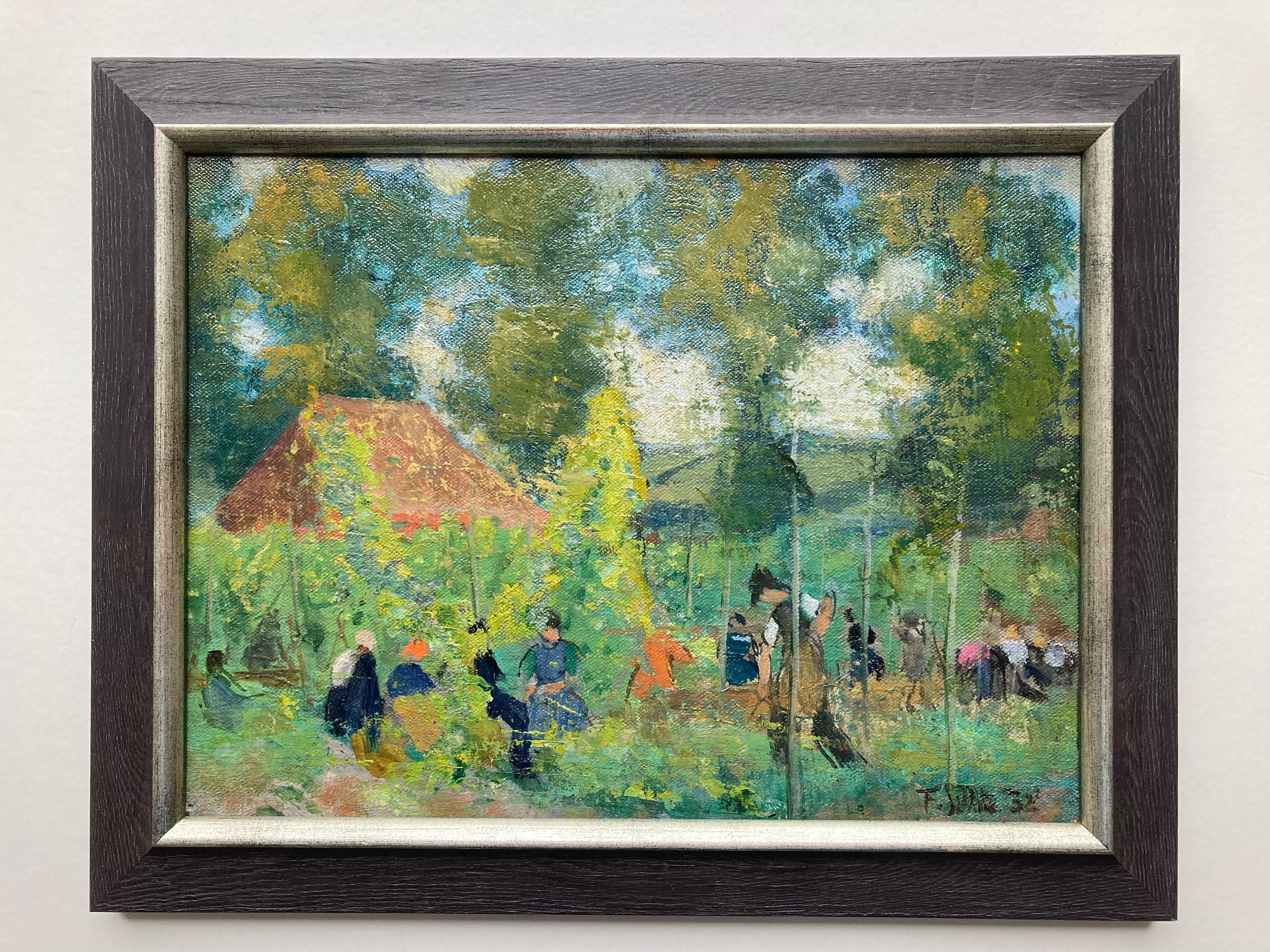 A wonderful image of hop pickers in the Kentish countryside, Southern England.

Franklin White (1892-1975)
Hope pickers
Signed and dated (19)32
Oil on canvas laid on board
9 x 12 inches unframed
12 x 15 inches with the frame

Frankin White