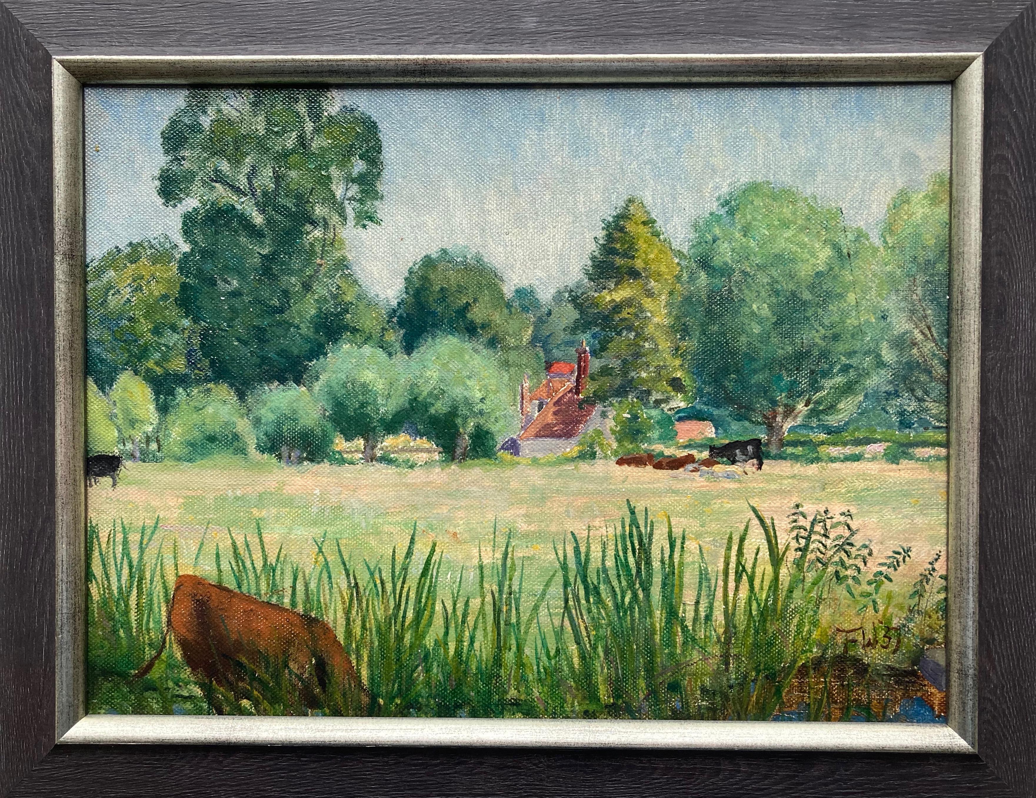 A wonderful image of an English country cottage set in a meadow with cattle grazing.

Franklin White (1892-1975)
A cottage in the countryside
Signed with initials and dated (19)32
Oil on canvas laid on board
9 x 12 inches unframed
12 x 15 inches