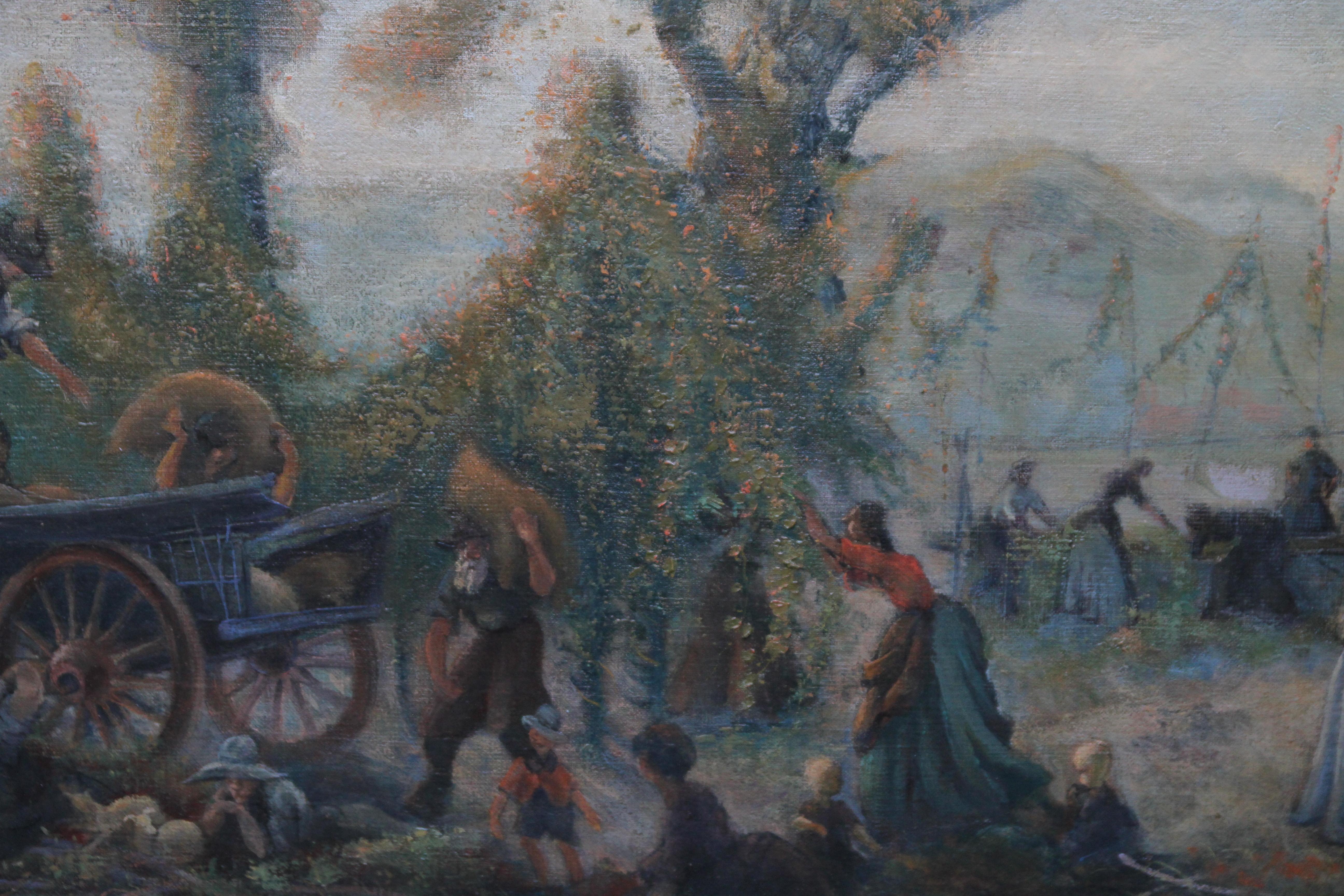 Cette belle et grande peinture à l'huile de paysage figuratif britannique est l'œuvre du célèbre artiste de l'école Slade, Franklin White. Peinte vers 1920, la composition représente un grand nombre de villageois se préparant à une fête d'été. Les