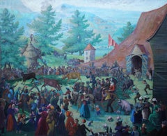 Village Auction - British Slade School Art Deco figural landscape oil painting