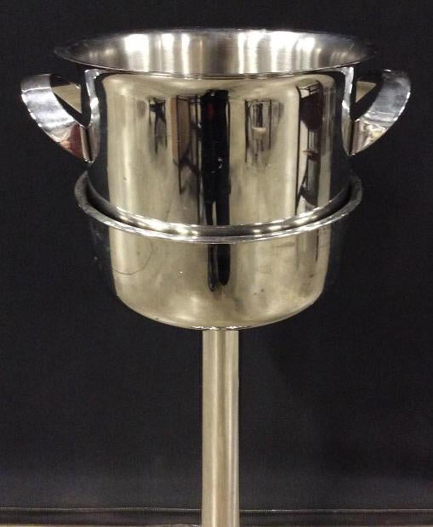Stainless steel champagne bucket on stand, bucket has two side handles and is marked on underside Franmara 18/10 Stainless, wine chiller, ice bucket stand, champagne bucket stand, champagne floor stand, wine cooler.