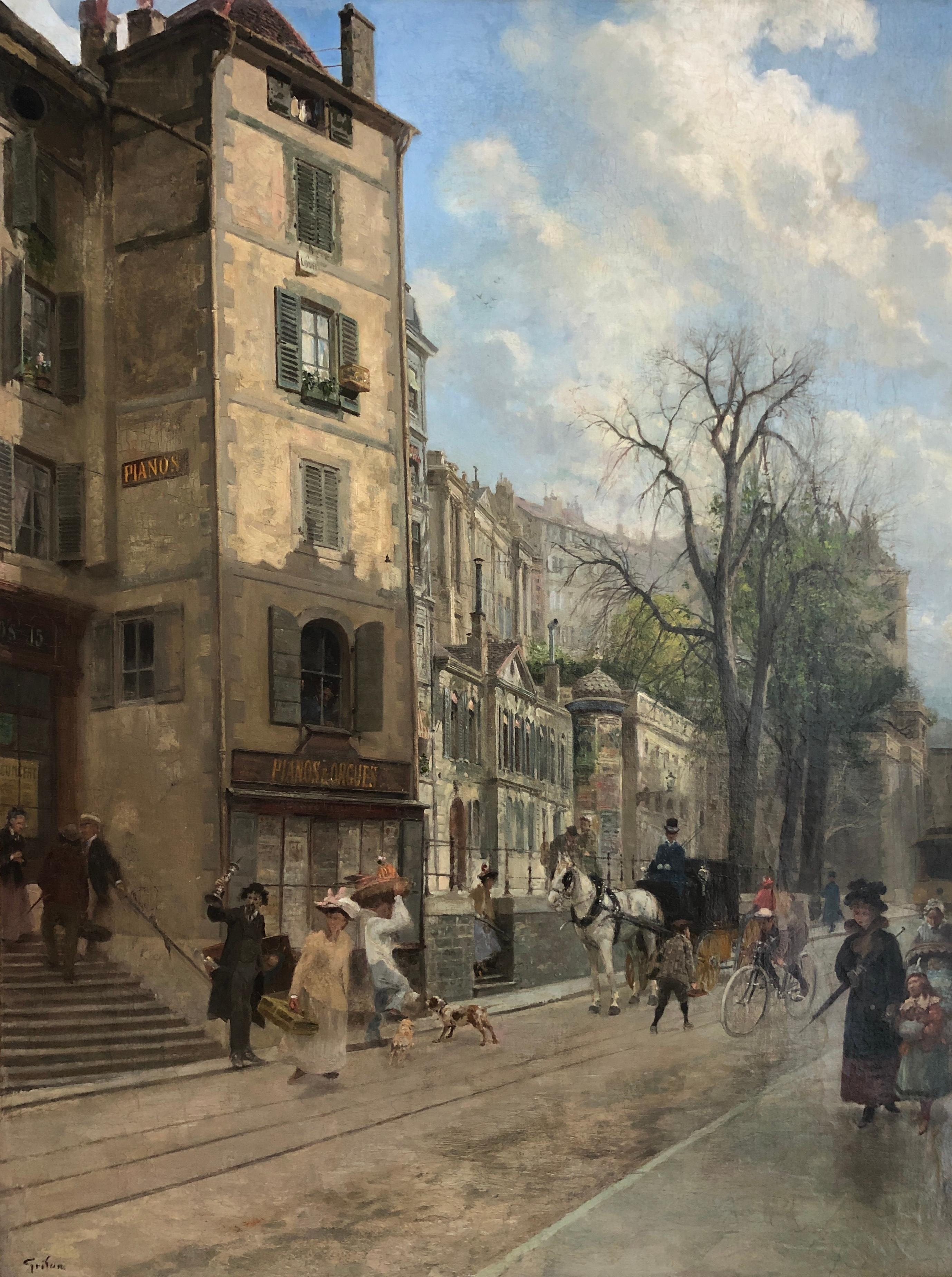 François-Adolphe Grison Landscape Painting – Straße der Corraterie in Geneva