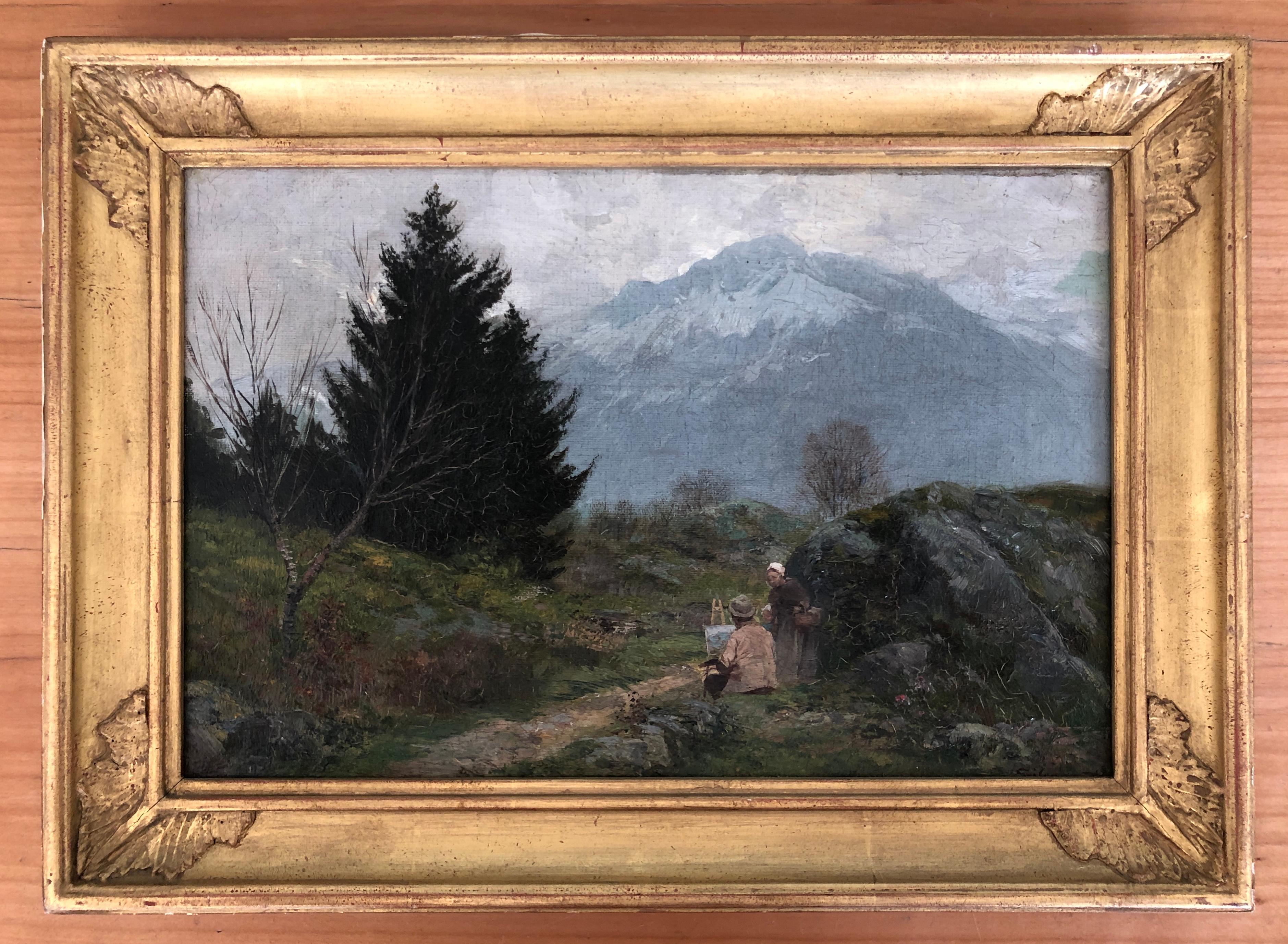 Il pittore al suo cavalletto su un sentiero di montagna - Painting di François-Adolphe Grison