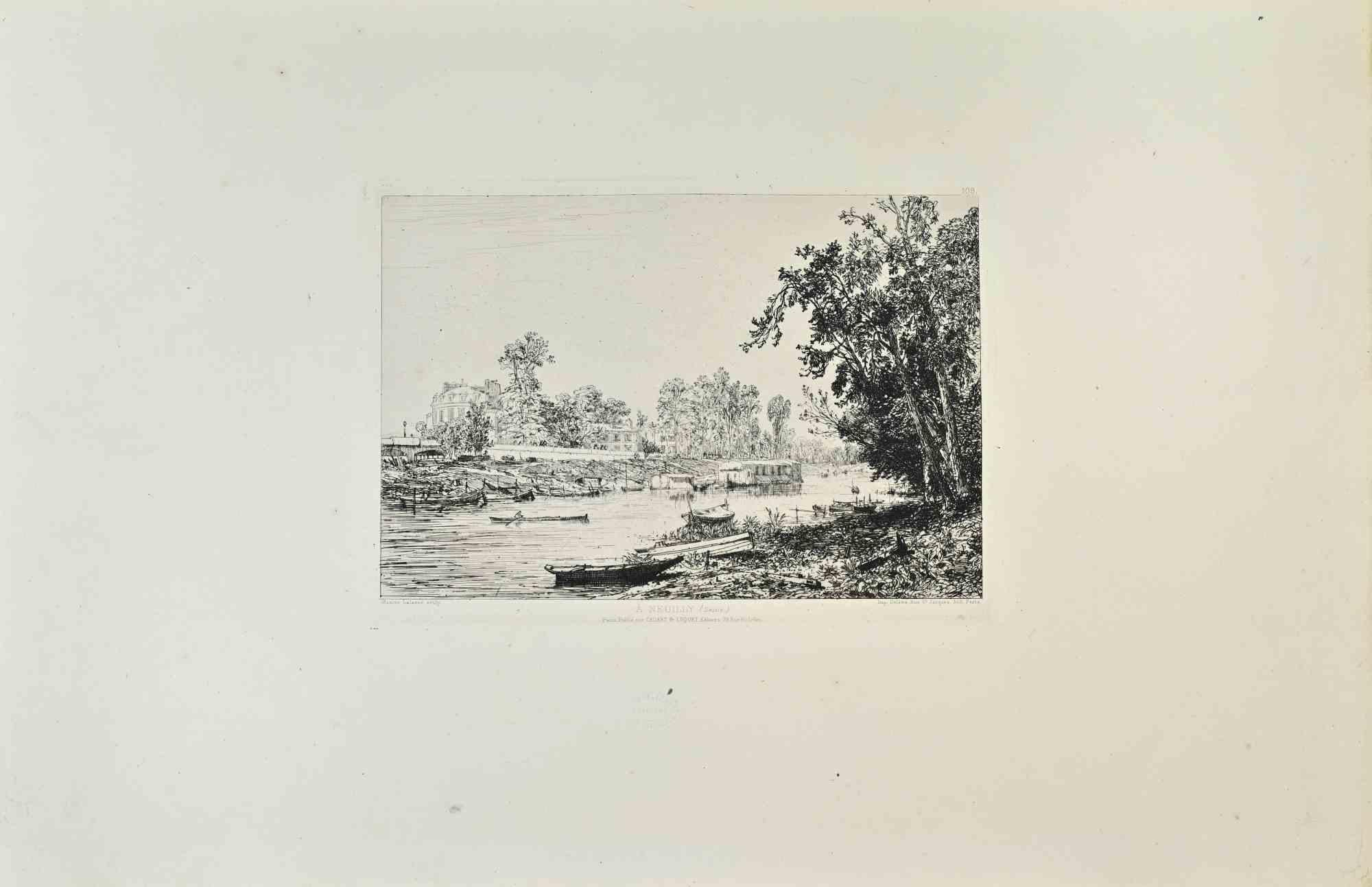 À Neuilly (Seine) is a black and white etching realized by François Antoine Maxime Lalanne (1827 –1886) in 1870s.

Titled in the lower.

Image size: 24cmx16cm.

Very Good condition.

Realized by Cadart for the "Société des Aquafortistes. Born on the