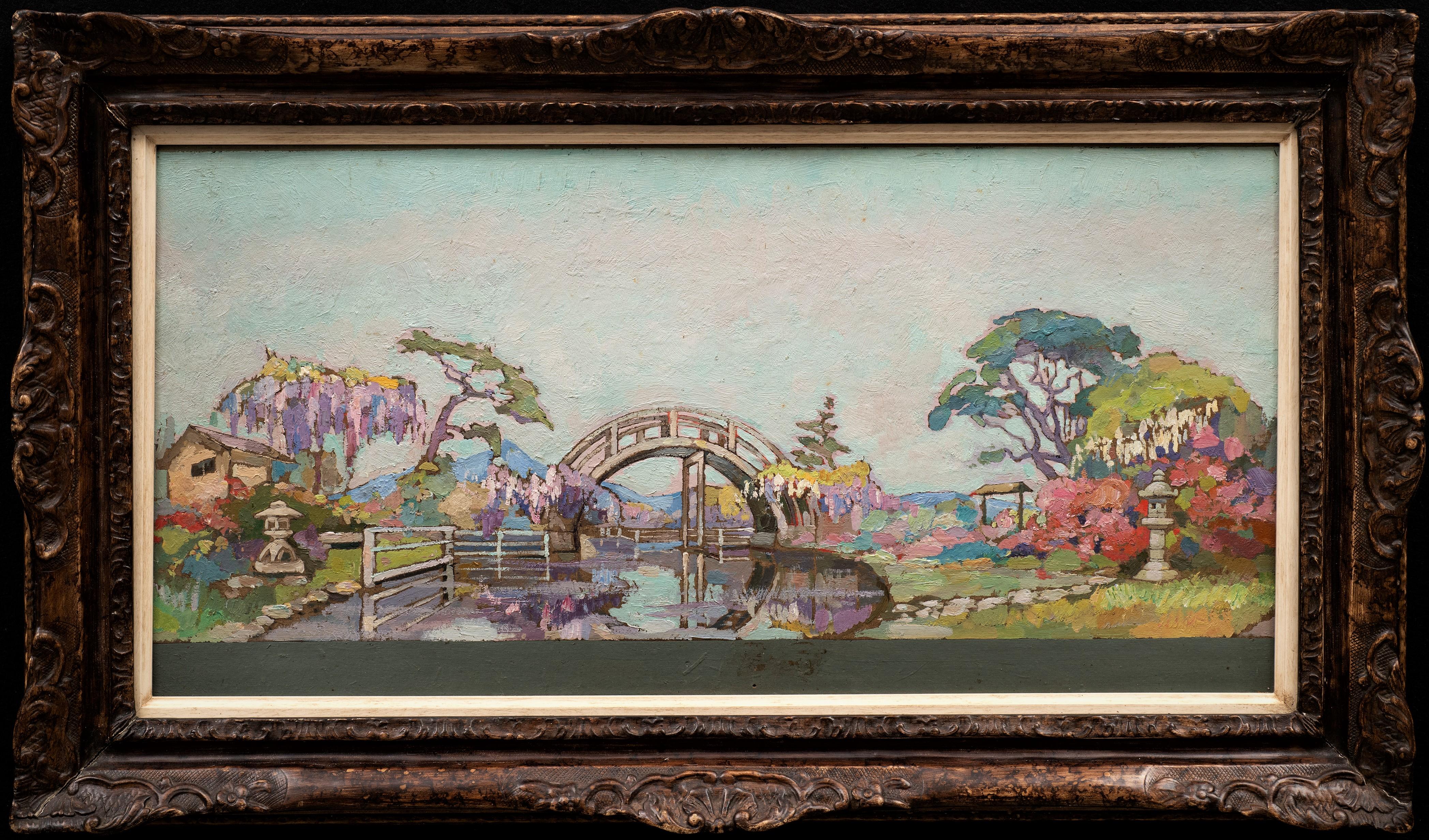 "The Japanese Bridge, 1928" 
François Beauck (Belgian, 1876-1946)
Oil on cardboard
Signed and dated with inscriptions on the back
27.25 x 13.5 (33 x 19.33 frame) inches

The inscription on the back reads:
"To Monsieur P. Deneyer, as a token of