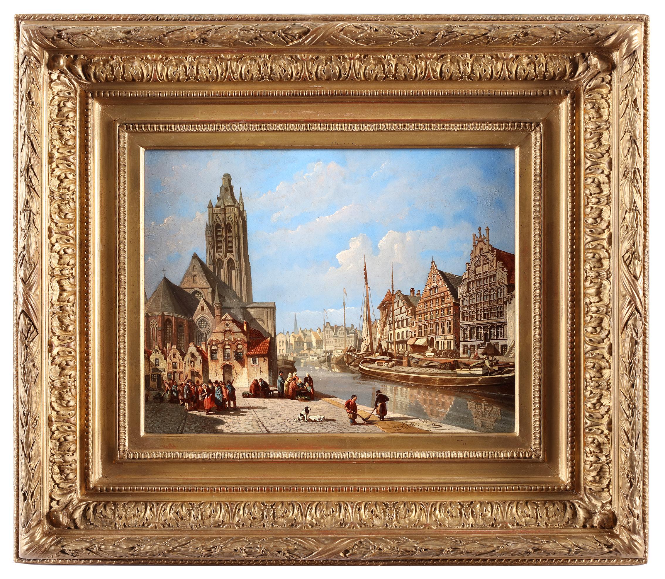 City view of the Graslei in Ghent - François Edouard Bertin (1797-1871)  - Painting by François Bertin