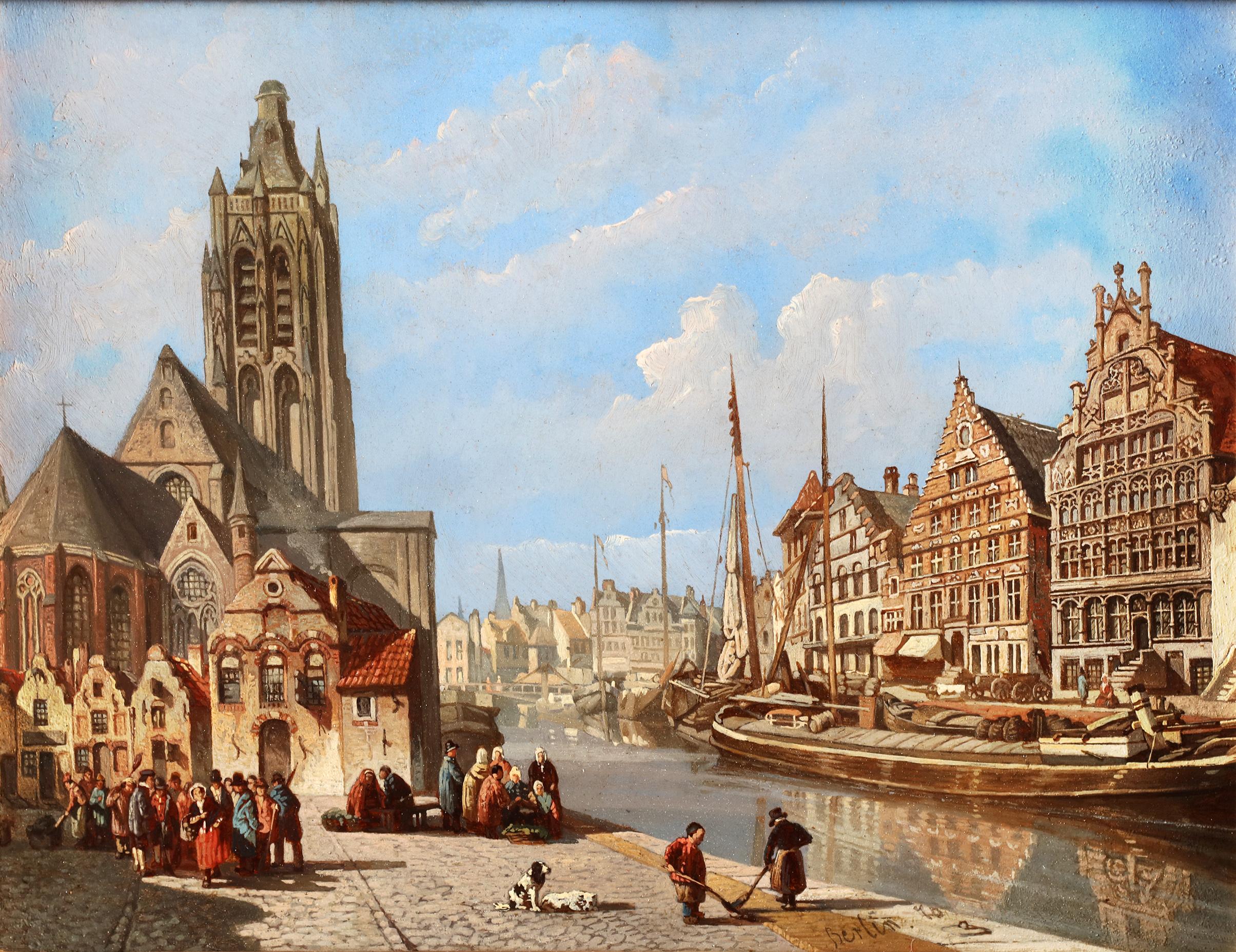 François Bertin Landscape Painting - City view of the Graslei in Ghent - François Edouard Bertin (1797-1871) 