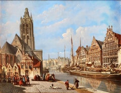 Antique City view of the Graslei in Ghent - François Edouard Bertin (1797-1871) 