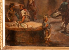 Fish Market Scene, Oil on Canvas, Impressionist, Signed 1848, Framed