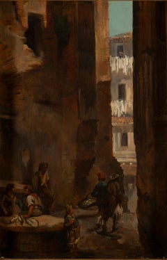 Fish Market Scene, Oil on Canvas, Impressionist, Signed 1848, Framed