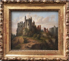 Belgian 19th romantic painter BOSSUET Oil wood Landscape castle ruin Montaigle 
