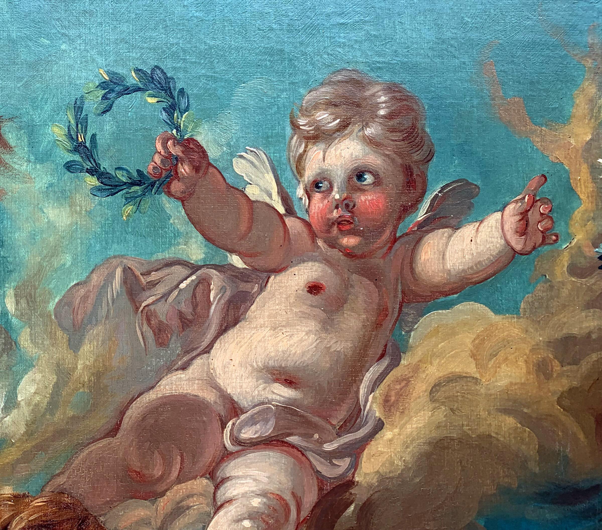 Superbe huile sur toile de la fin du XIXe siècle, école française, dans la manière de François Boucher.
Cette composition d’une grande qualité décorative met en scène un groupe de putti animés dans un ciel vaporeux. Au centre, l’un d’eux,