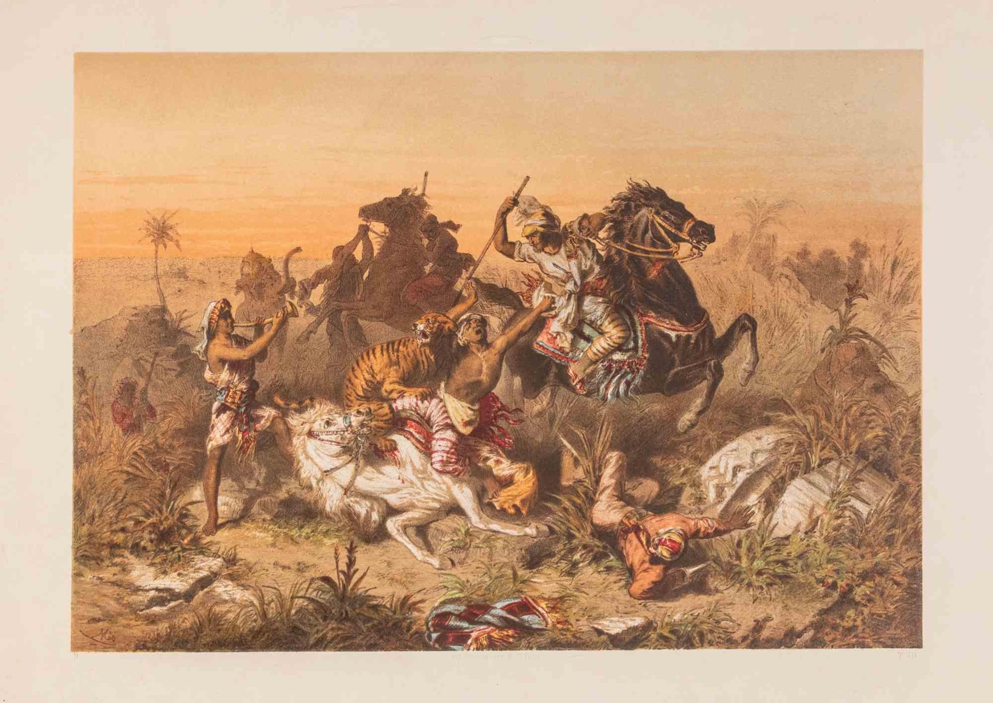 Hunting of the Tiger - Lithograph by François-Constant Mès - Late 19th Century