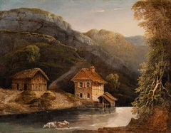 "Forêt Noire", Black Forest Riverside with Timbered Houses and Figures