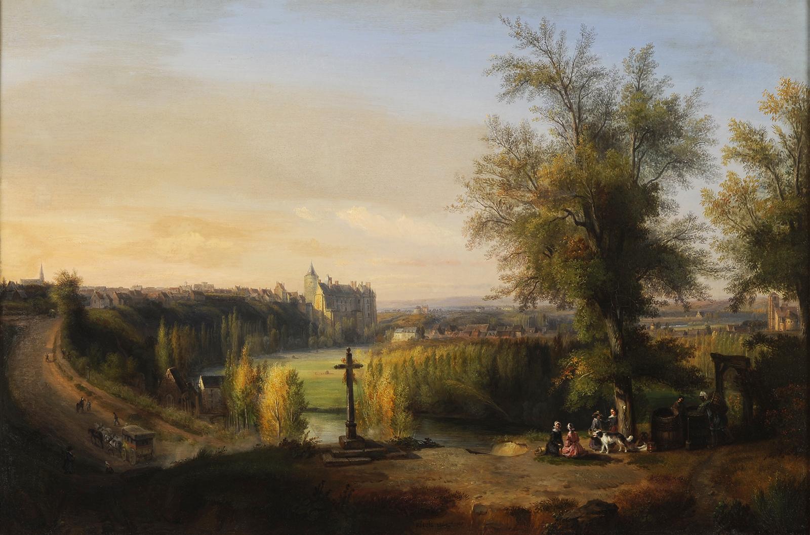 Vue du château et de la ville de Châteaudun en France - Painting de François-Edmé Ricois