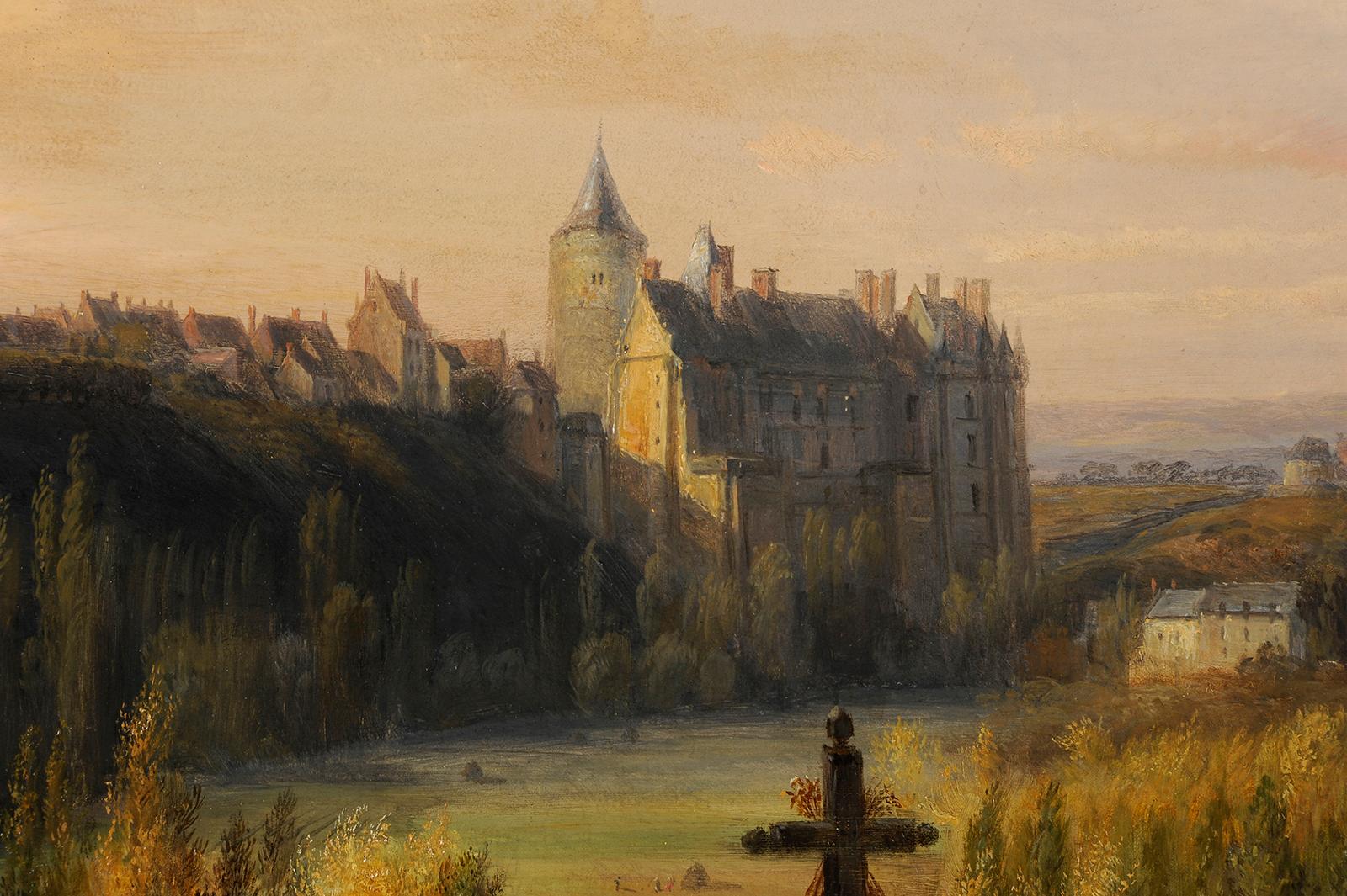 Vue du château et de la ville de Châteaudun en France - École française Painting par François-Edmé Ricois