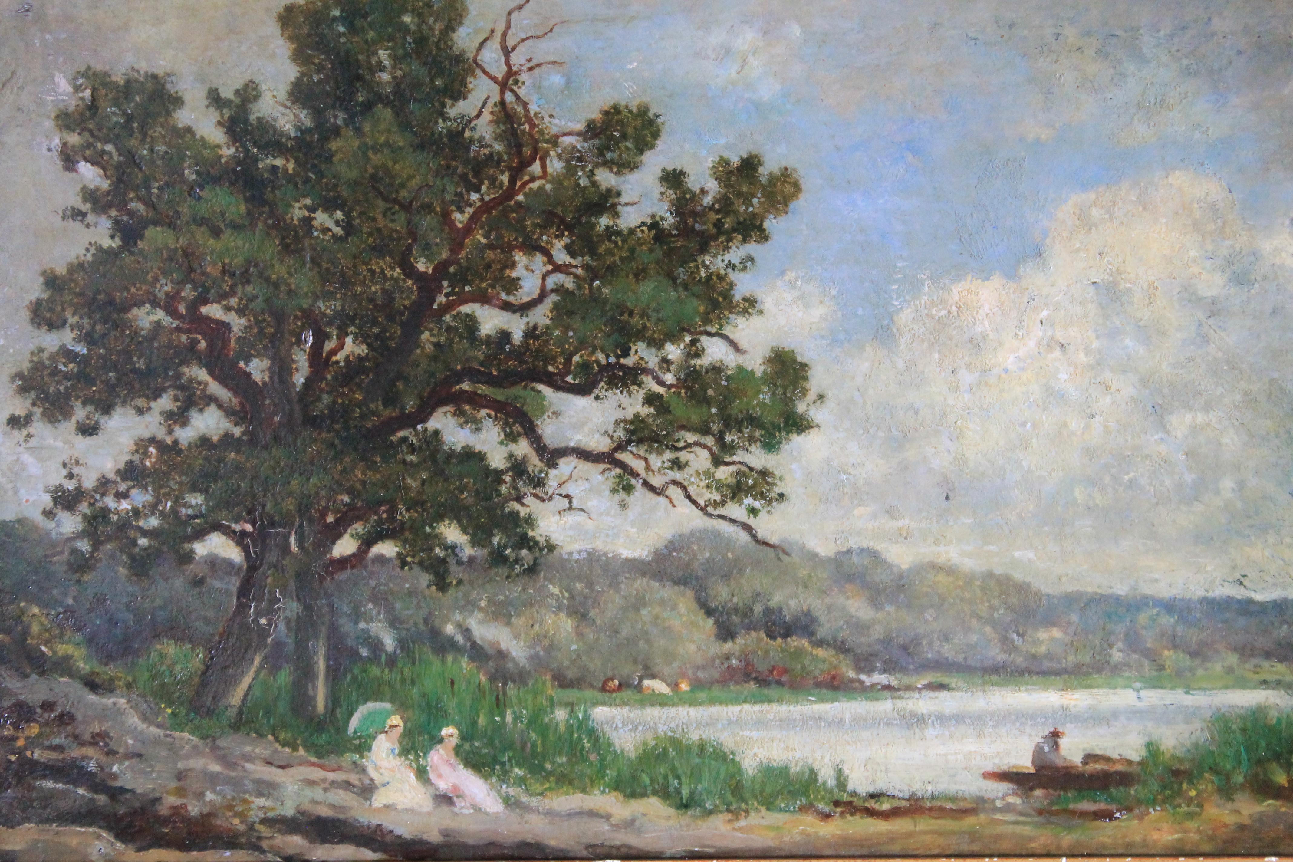 This is an enchantingly beautiful old 19th century French Barbizon landscape/riverscape oil painting on thick board by François Edouard Bournichon (1816-1896).   A gentle country scene, where two woman are enjoying the view of a river or lake, while